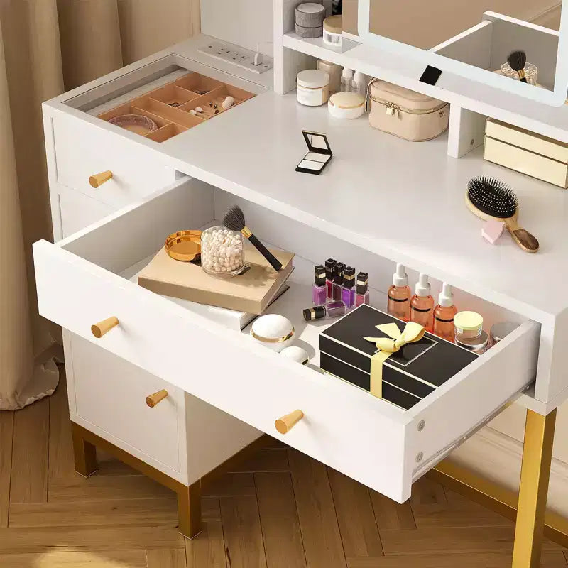White Vanity Desk with Mirror and Lights, Makeup Desk Dressing Table with LED Lighted Mirror & Power Outlet, 3 Lighting Colors for Bedroom