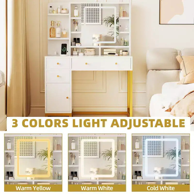 White Vanity Desk with Mirror and Lights, Makeup Desk Dressing Table with LED Lighted Mirror & Power Outlet, 3 Lighting Colors for Bedroom