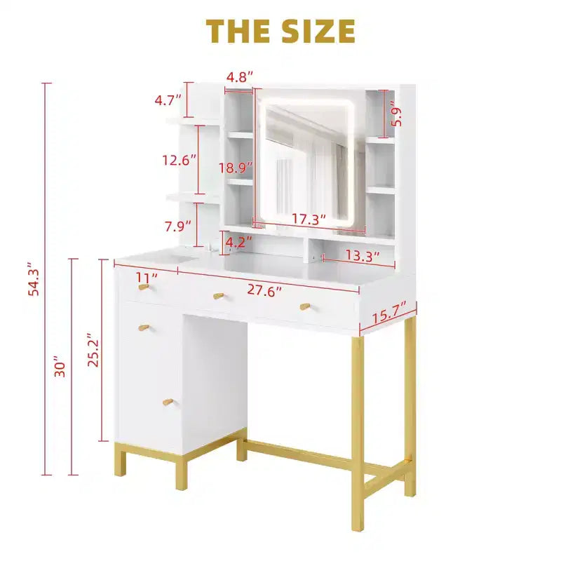 White Vanity Desk with Mirror and Lights, Makeup Desk Dressing Table with LED Lighted Mirror & Power Outlet, 3 Lighting Colors for Bedroom