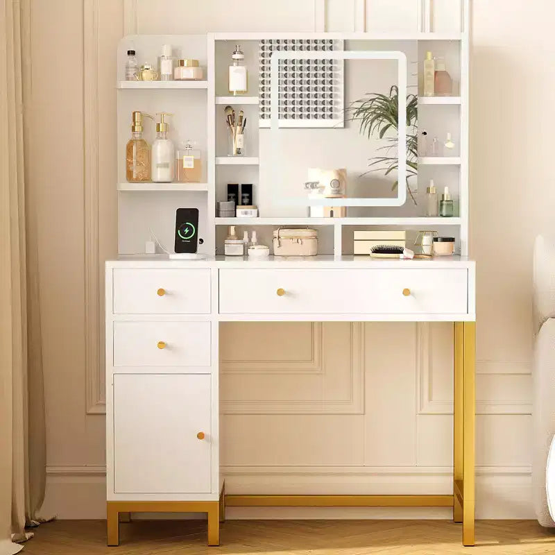 White Vanity Desk with Mirror and Lights, Makeup Desk Dressing Table with LED Lighted Mirror & Power Outlet, 3 Lighting Colors for Bedroom