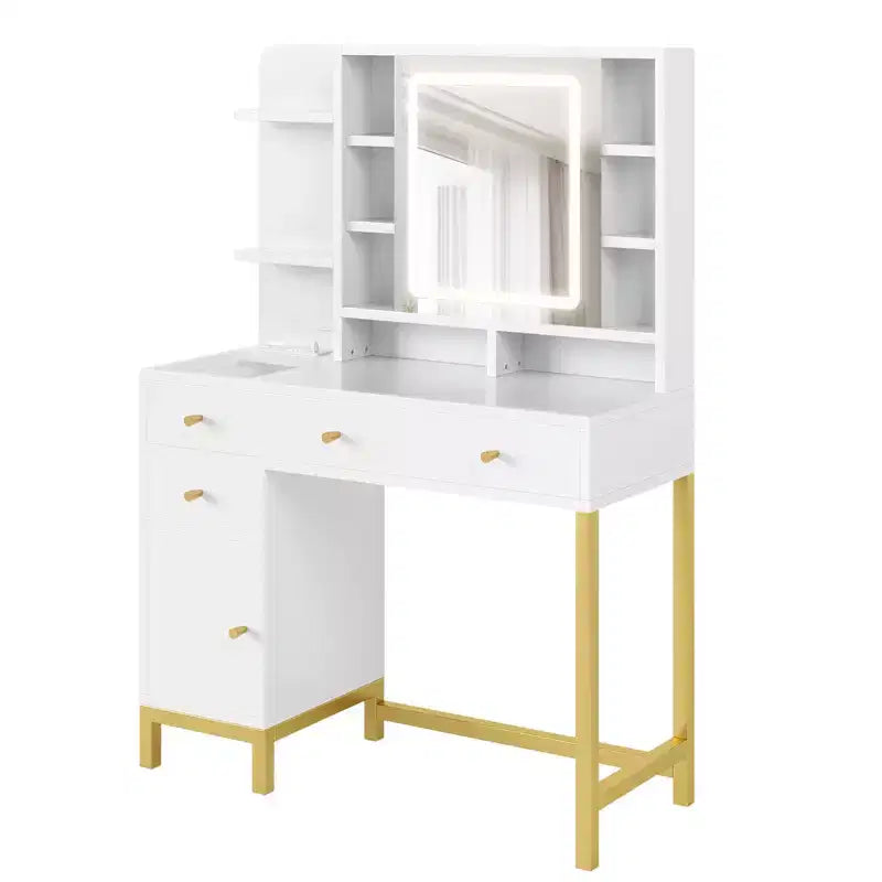 White Vanity Desk with Mirror and Lights, Makeup Desk Dressing Table with LED Lighted Mirror & Power Outlet, 3 Lighting Colors for Bedroom