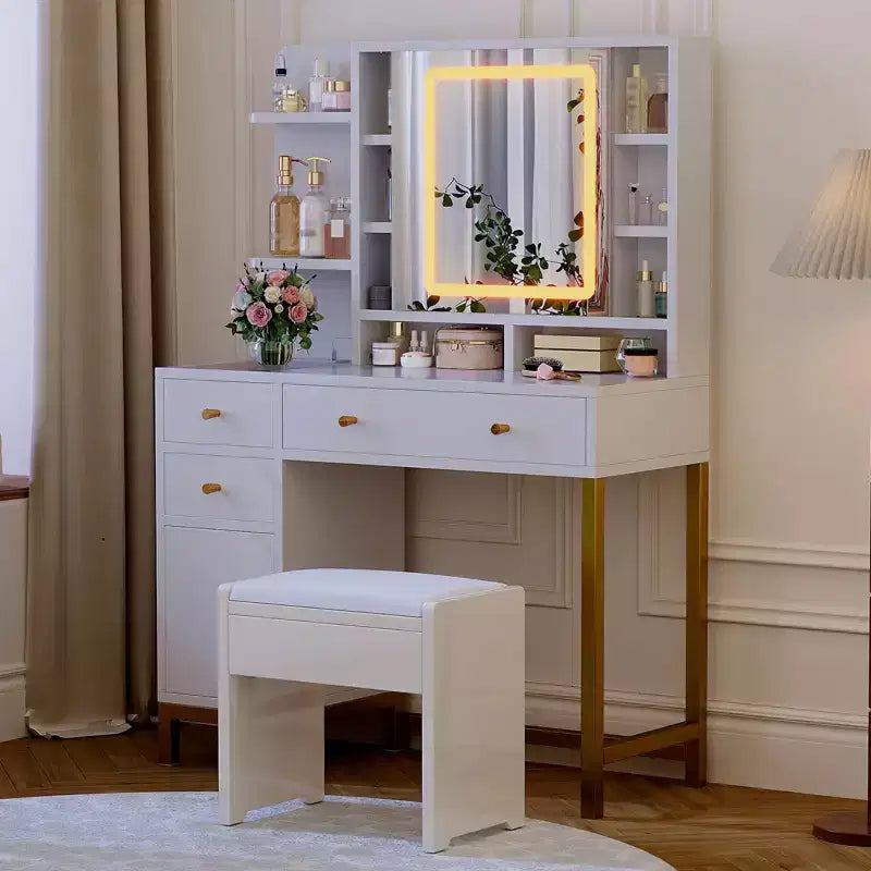 White Vanity Desk with Mirror and Lights, Makeup Desk Dressing Table with LED Lighted Mirror & Power Outlet, 3 Lighting Colors for Bedroom