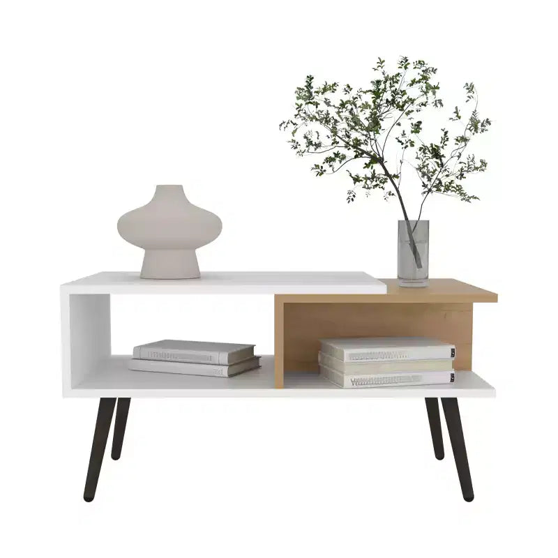 Multicolor Scandinavian Coffee Table with 2 Shelves 4 Legs White and Natural Oak