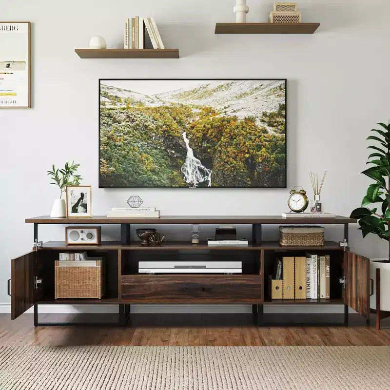 70 Inch Industrial TV Stand, Entertainment Center with Storage & Drawer for Living Room, Rustic Brown