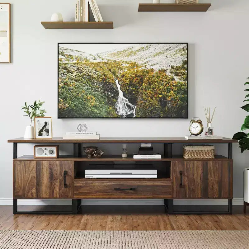70 Inch Industrial TV Stand, Entertainment Center with Storage & Drawer for Living Room, Rustic Brown