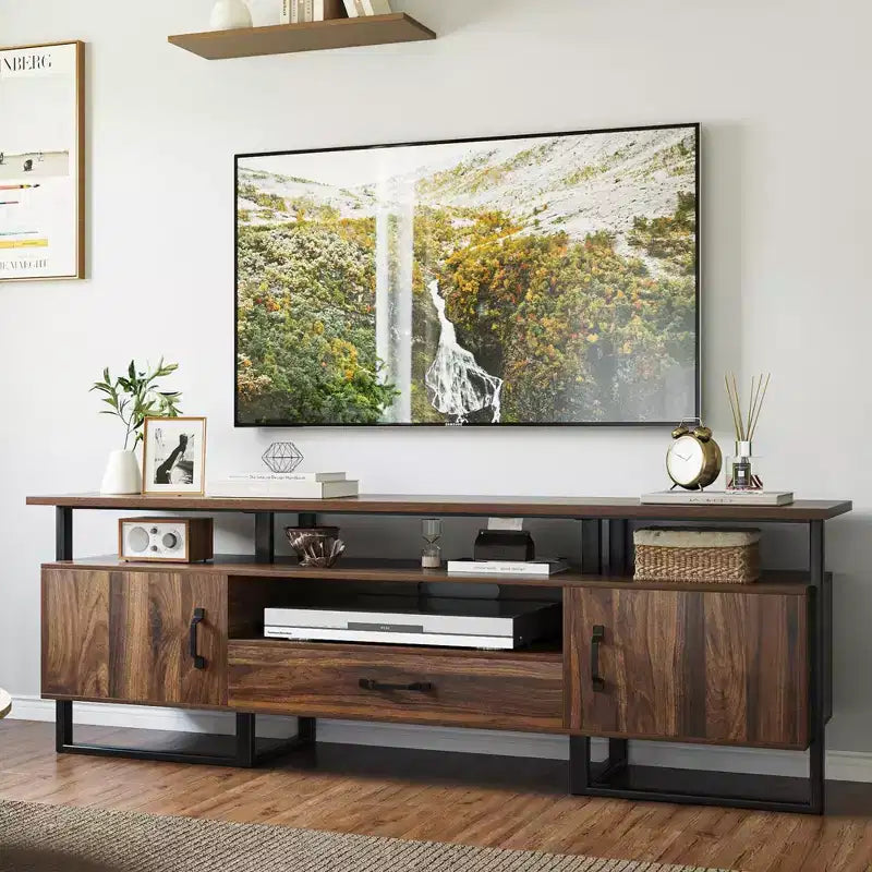 70 Inch Industrial TV Stand, Entertainment Center with Storage & Drawer for Living Room, Rustic Brown