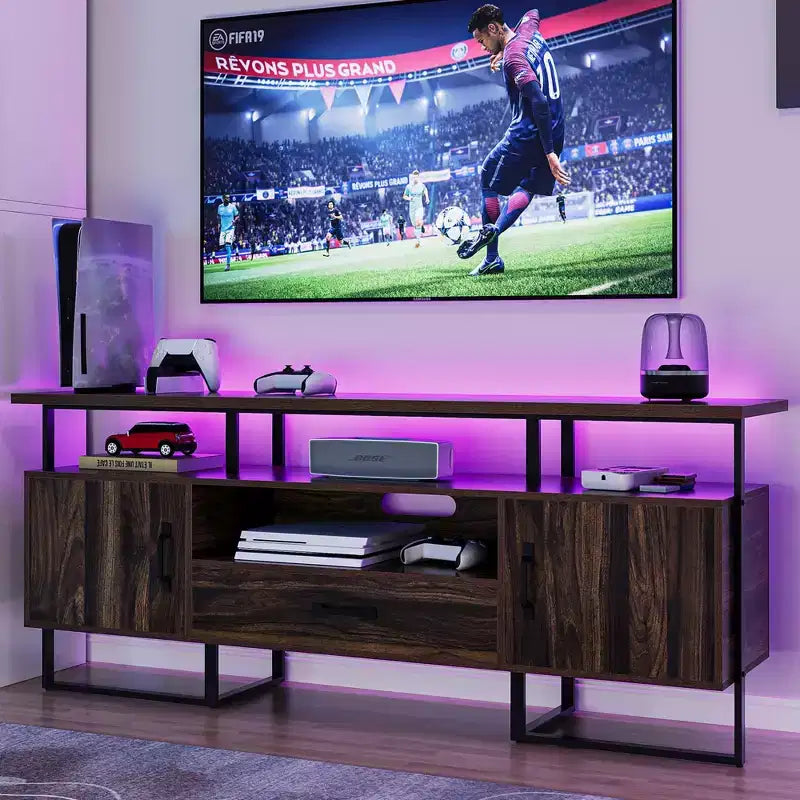 70 Inch Industrial TV Stand, Entertainment Center with Storage & Drawer for Living Room, Rustic Brown