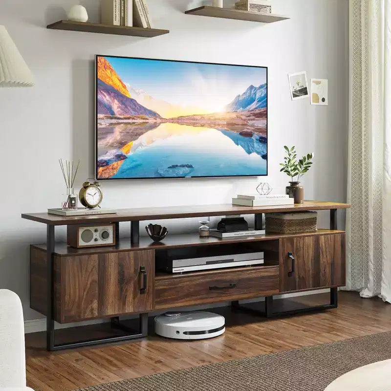 70 Inch Industrial TV Stand, Entertainment Center with Storage & Drawer for Living Room, Rustic Brown