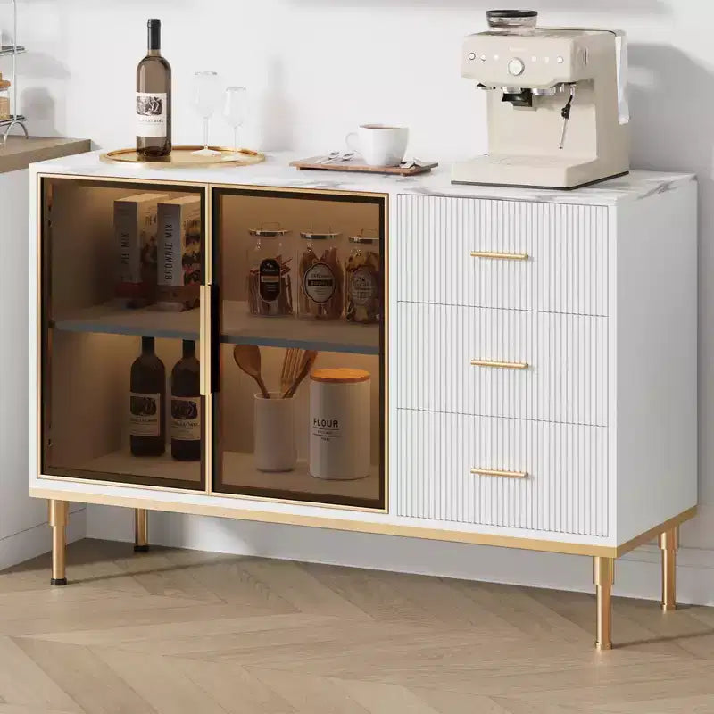 GustoWave Buffet Sideboard Cabinet with Storage, 46.4 Large Fluted Kitchen Sideboard Cabinet with 2 Glass Doors 3 Drawers and Shelves, Buffet Table