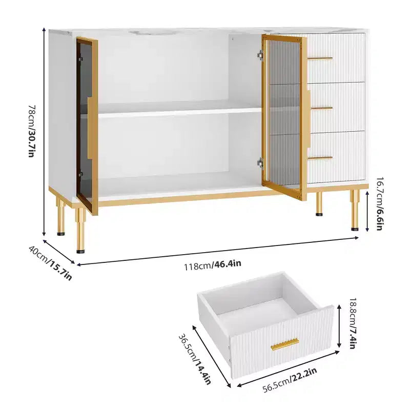 GustoWave Buffet Sideboard Cabinet with Storage, 46.4 Large Fluted Kitchen Sideboard Cabinet with 2 Glass Doors 3 Drawers and Shelves, Buffet Table