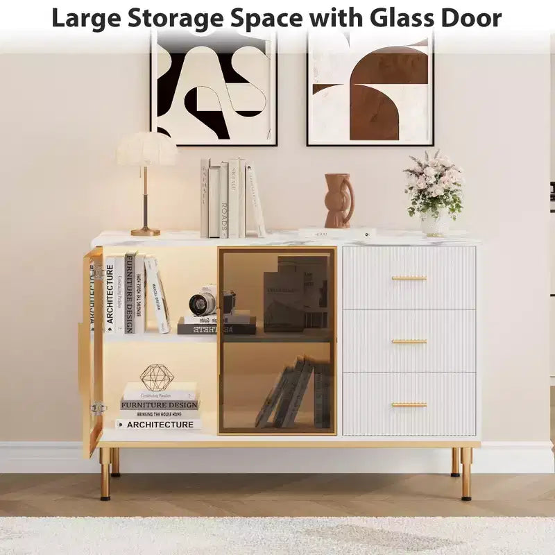 GustoWave Buffet Sideboard Cabinet with Storage, 46.4 Large Fluted Kitchen Sideboard Cabinet with 2 Glass Doors 3 Drawers and Shelves, Buffet Table