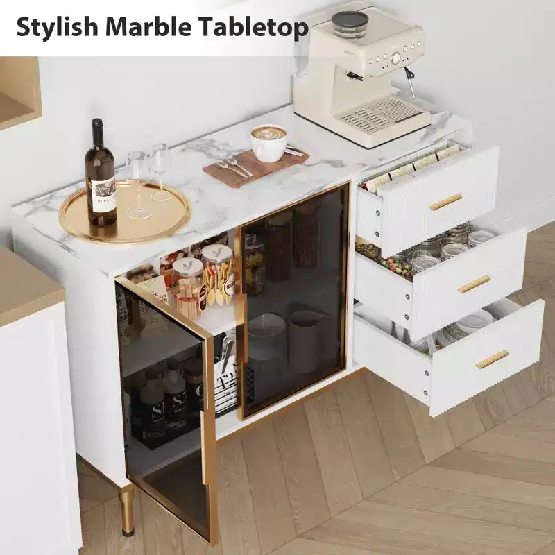 GustoWave Buffet Sideboard Cabinet with Storage, 46.4 Large Fluted Kitchen Sideboard Cabinet with 2 Glass Doors 3 Drawers and Shelves, Buffet Table