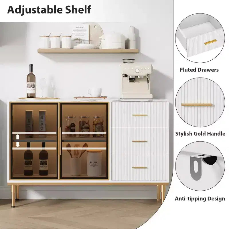 GustoWave Buffet Sideboard Cabinet with Storage, 46.4 Large Fluted Kitchen Sideboard Cabinet with 2 Glass Doors 3 Drawers and Shelves, Buffet Table