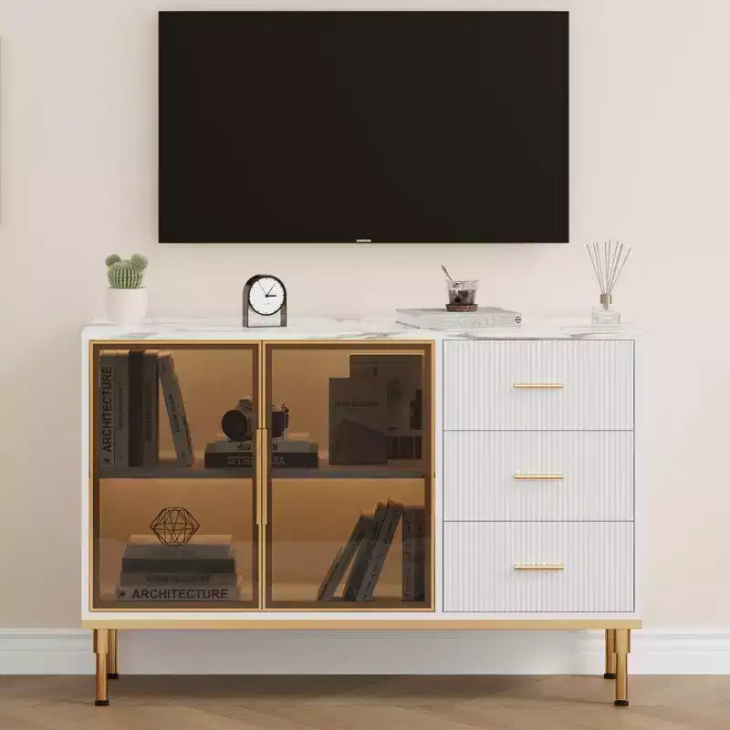 GustoWave Buffet Sideboard Cabinet with Storage, 46.4 Large Fluted Kitchen Sideboard Cabinet with 2 Glass Doors 3 Drawers and Shelves, Buffet Table