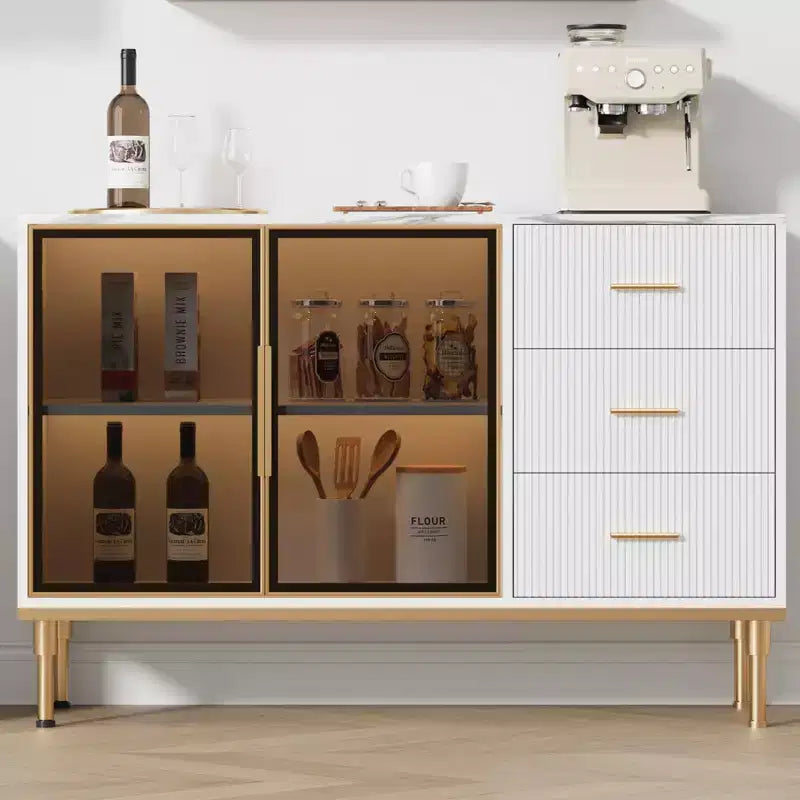 GustoWave Buffet Sideboard Cabinet with Storage, 46.4 Large Fluted Kitchen Sideboard Cabinet with 2 Glass Doors 3 Drawers and Shelves, Buffet Table