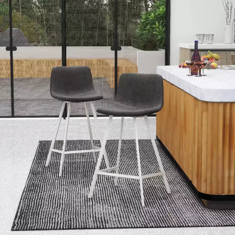 LeisureMod Elland Leather Bar Stool  Modern Counter Height Stool with White Stainless Steel Legs for Kitchen Island or Home Bar Set of 2
