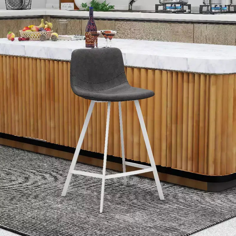 LeisureMod Elland Leather Bar Stool  Modern Counter Height Stool with White Stainless Steel Legs for Kitchen Island or Home Bar Set of 2