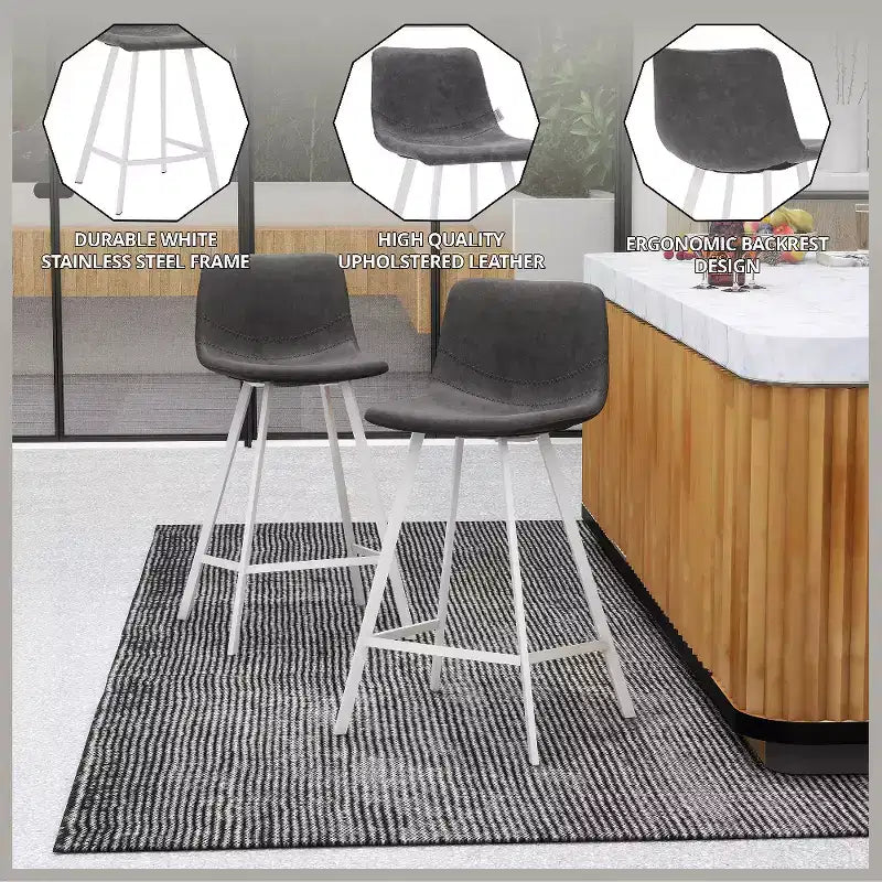 LeisureMod Elland Leather Bar Stool  Modern Counter Height Stool with White Stainless Steel Legs for Kitchen Island or Home Bar Set of 2