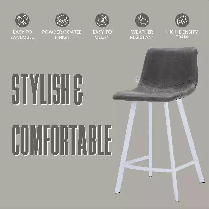 LeisureMod Elland Leather Bar Stool  Modern Counter Height Stool with White Stainless Steel Legs for Kitchen Island or Home Bar Set of 2
