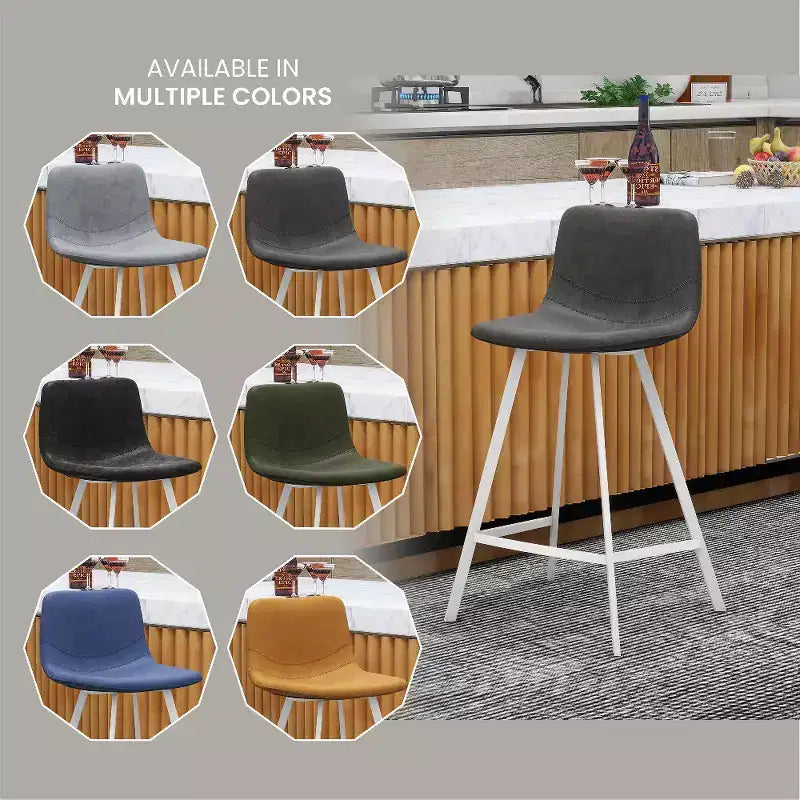 LeisureMod Elland Leather Bar Stool  Modern Counter Height Stool with White Stainless Steel Legs for Kitchen Island or Home Bar Set of 2