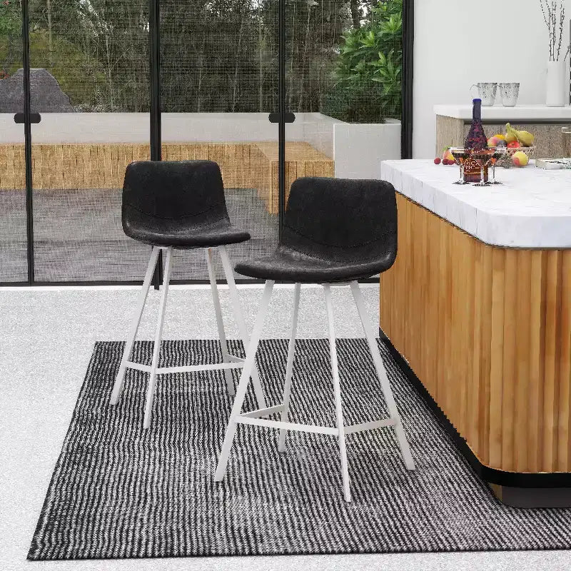 LeisureMod Elland Leather Bar Stool  Modern Counter Height Stool with White Stainless Steel Legs for Kitchen Island or Home Bar Set of 2