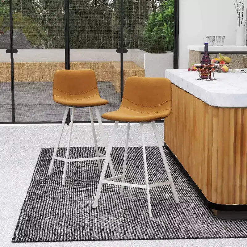 LeisureMod Elland Leather Bar Stool  Modern Counter Height Stool with White Stainless Steel Legs for Kitchen Island or Home Bar Set of 2
