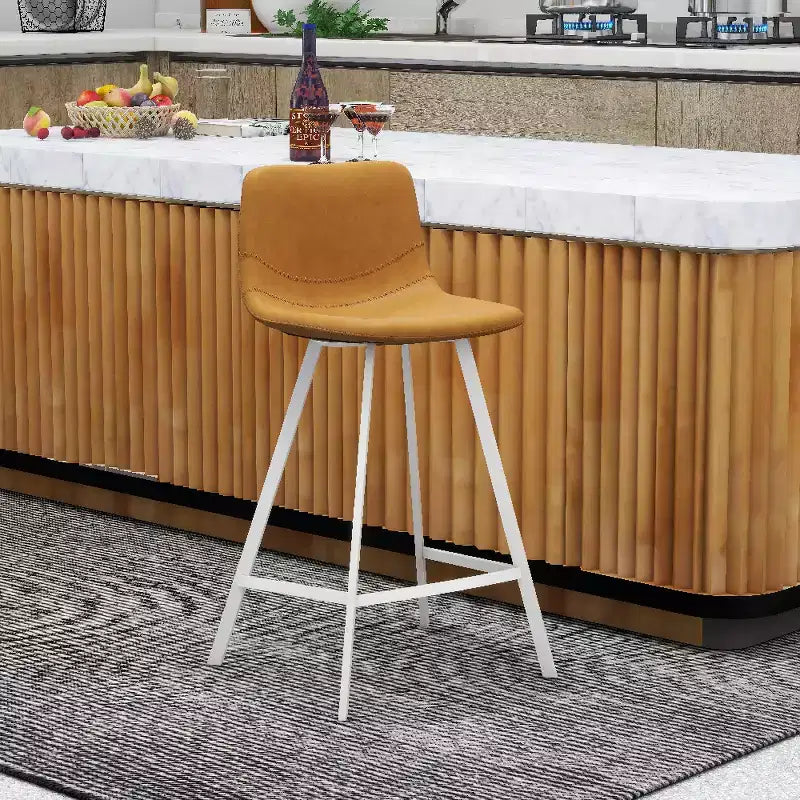 LeisureMod Elland Leather Bar Stool  Modern Counter Height Stool with White Stainless Steel Legs for Kitchen Island or Home Bar Set of 2
