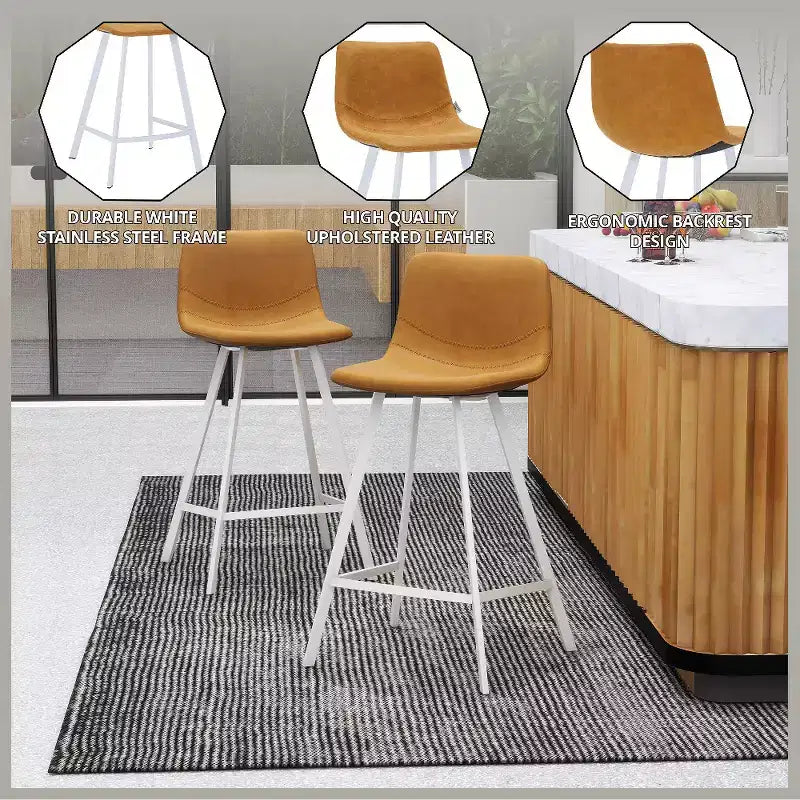 LeisureMod Elland Leather Bar Stool  Modern Counter Height Stool with White Stainless Steel Legs for Kitchen Island or Home Bar Set of 2