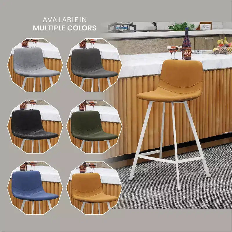 LeisureMod Elland Leather Bar Stool  Modern Counter Height Stool with White Stainless Steel Legs for Kitchen Island or Home Bar Set of 2
