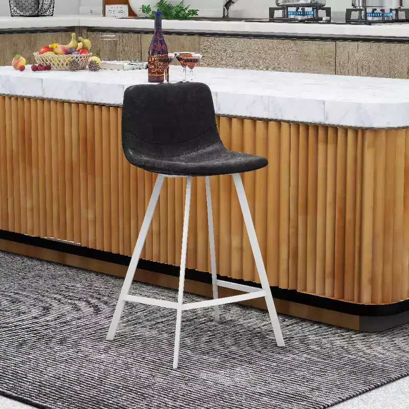 LeisureMod Elland Leather Bar Stool  Modern Counter Height Stool with White Stainless Steel Legs for Kitchen Island or Home Bar Set of 2