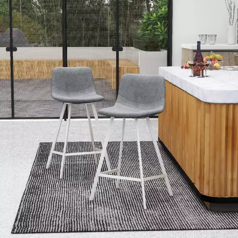 LeisureMod Elland Leather Bar Stool  Modern Counter Height Stool with White Stainless Steel Legs for Kitchen Island or Home Bar Set of 2