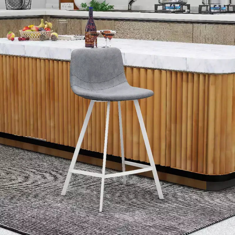 LeisureMod Elland Leather Bar Stool  Modern Counter Height Stool with White Stainless Steel Legs for Kitchen Island or Home Bar Set of 2