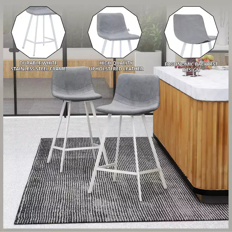 LeisureMod Elland Leather Bar Stool  Modern Counter Height Stool with White Stainless Steel Legs for Kitchen Island or Home Bar Set of 2