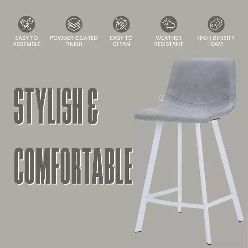 LeisureMod Elland Leather Bar Stool  Modern Counter Height Stool with White Stainless Steel Legs for Kitchen Island or Home Bar Set of 2