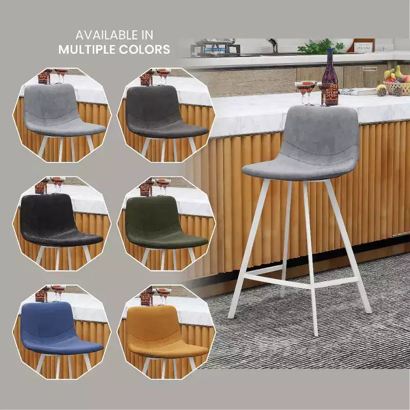 LeisureMod Elland Leather Bar Stool  Modern Counter Height Stool with White Stainless Steel Legs for Kitchen Island or Home Bar Set of 2