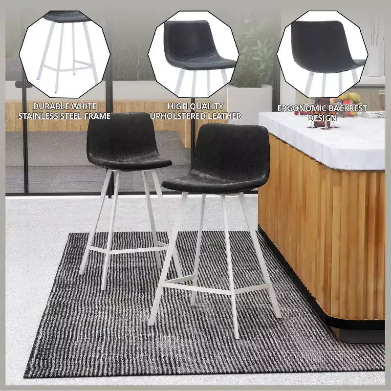 LeisureMod Elland Leather Bar Stool  Modern Counter Height Stool with White Stainless Steel Legs for Kitchen Island or Home Bar Set of 2