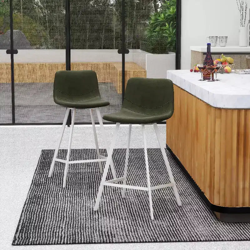 LeisureMod Elland Leather Bar Stool  Modern Counter Height Stool with White Stainless Steel Legs for Kitchen Island or Home Bar Set of 2