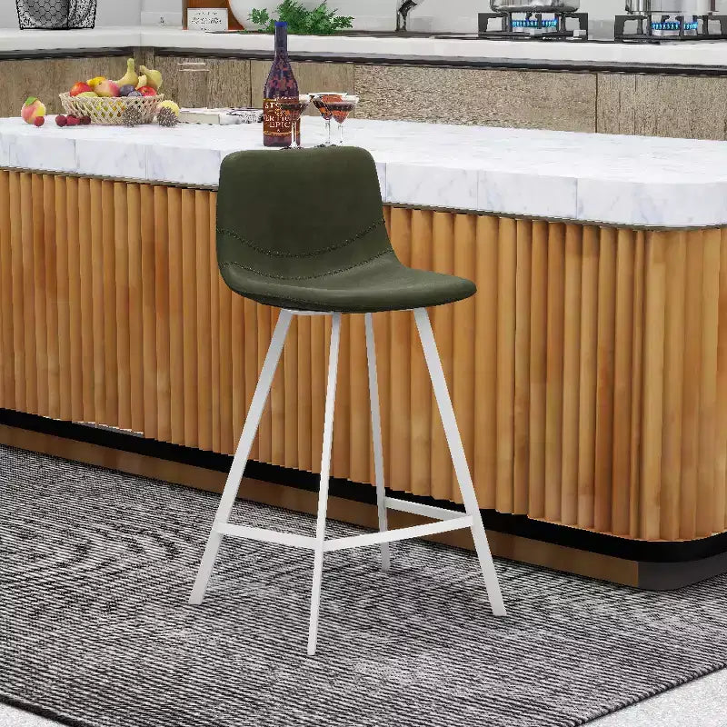 LeisureMod Elland Leather Bar Stool  Modern Counter Height Stool with White Stainless Steel Legs for Kitchen Island or Home Bar Set of 2