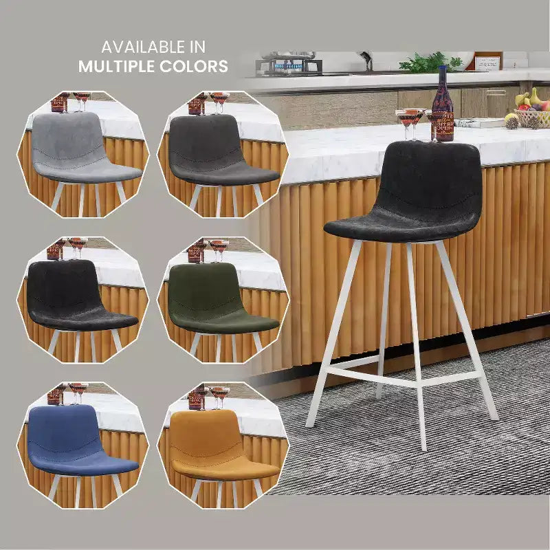 LeisureMod Elland Leather Bar Stool  Modern Counter Height Stool with White Stainless Steel Legs for Kitchen Island or Home Bar Set of 2