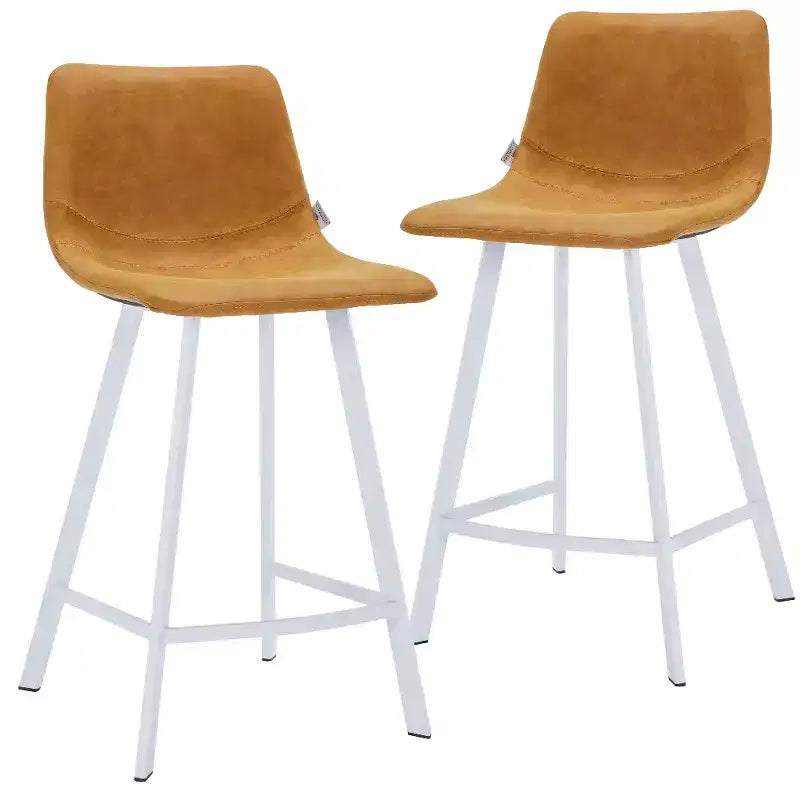 LeisureMod Elland Leather Bar Stool  Modern Counter Height Stool with White Stainless Steel Legs for Kitchen Island or Home Bar Set of 2