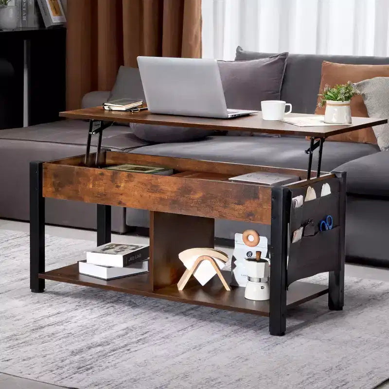 VEVOR Lift Top Coffee Table, 41.7 in Rectangle Coffee Table with Extra Storage Pockets, Pop Up Coffee Table for Living Room, Brown