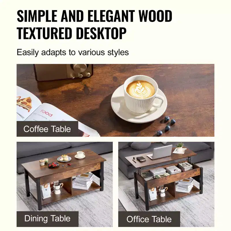 VEVOR Lift Top Coffee Table, 41.7 in Rectangle Coffee Table with Extra Storage Pockets, Pop Up Coffee Table for Living Room, Brown