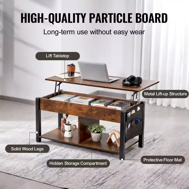 VEVOR Lift Top Coffee Table, 41.7 in Rectangle Coffee Table with Extra Storage Pockets, Pop Up Coffee Table for Living Room, Brown