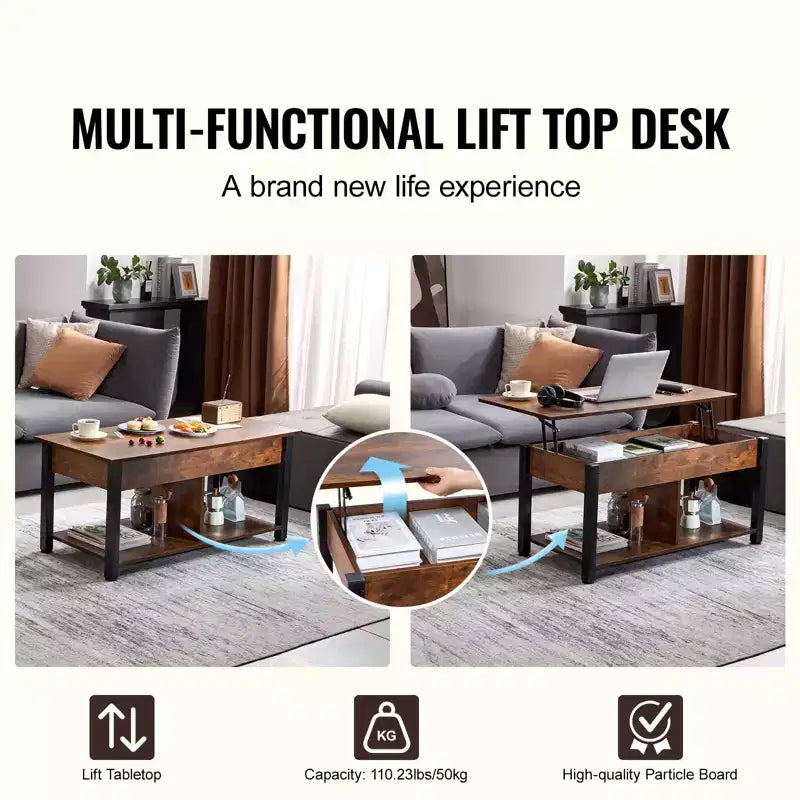VEVOR Lift Top Coffee Table, 41.7 in Rectangle Coffee Table with Extra Storage Pockets, Pop Up Coffee Table for Living Room, Brown