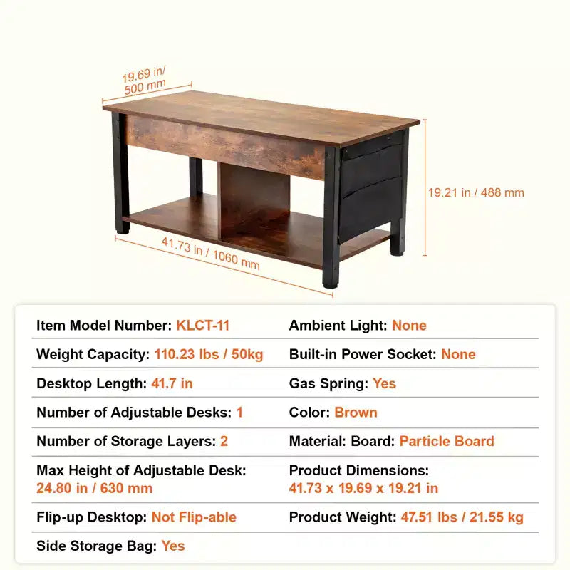 VEVOR Lift Top Coffee Table, 41.7 in Rectangle Coffee Table with Extra Storage Pockets, Pop Up Coffee Table for Living Room, Brown