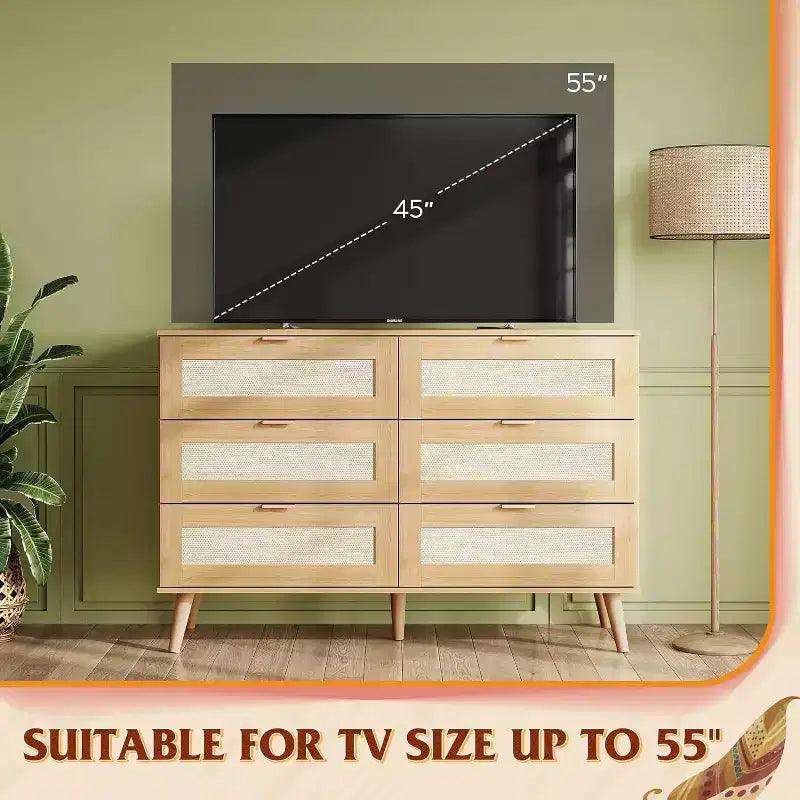 GALAXHERO Boho Rattan 6-Drawer Dresser  47.24'' Wide Storage Cabinet with Gold Handles, Fits 55'' TV, Ideal for Bedroom, Living Room,Light Oak