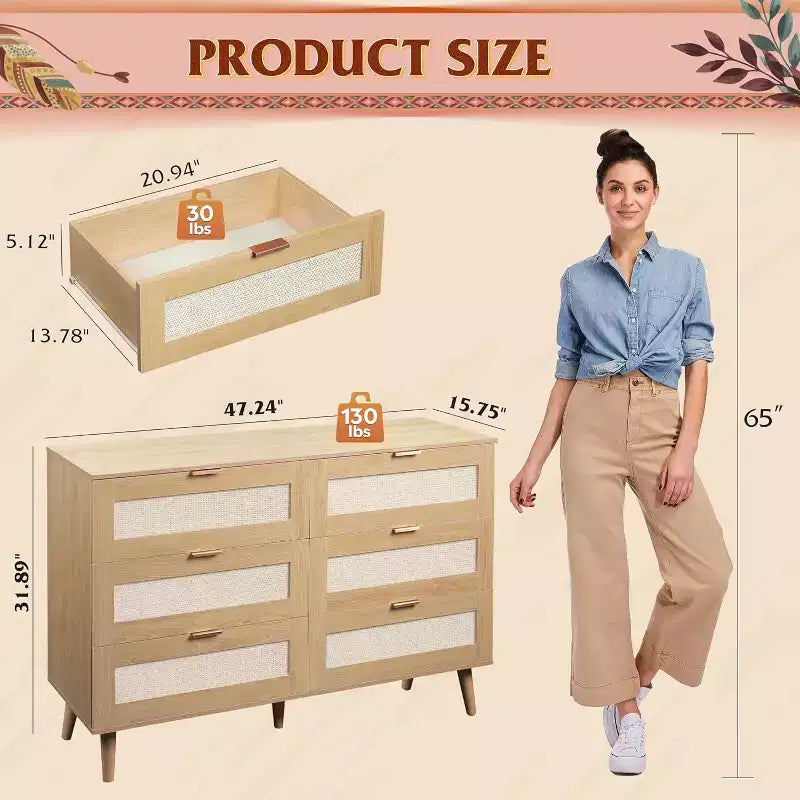 GALAXHERO Boho Rattan 6-Drawer Dresser  47.24'' Wide Storage Cabinet with Gold Handles, Fits 55'' TV, Ideal for Bedroom, Living Room,Light Oak