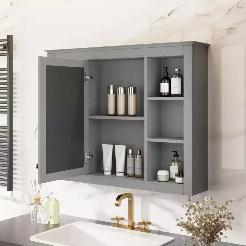 Okak Modern Wall Mounted Bathroom Cabinet with Mirror & 6 Open Shelves,Medicine Cabinet Mirror Cabinet for Bathroom