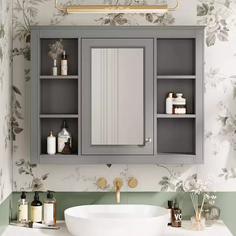 Okak Modern Wall Mounted Bathroom Cabinet with Mirror & 6 Open Shelves,Medicine Cabinet Mirror Cabinet for Bathroom