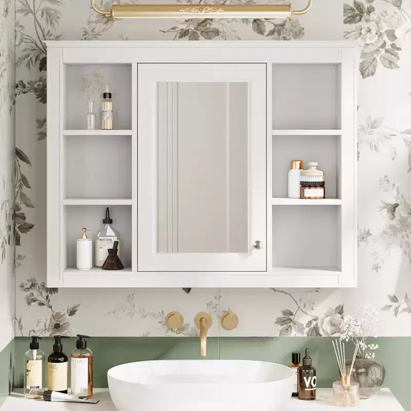 Okak Modern Wall Mounted Bathroom Cabinet with Mirror & 6 Open Shelves,Medicine Cabinet Mirror Cabinet for Bathroom